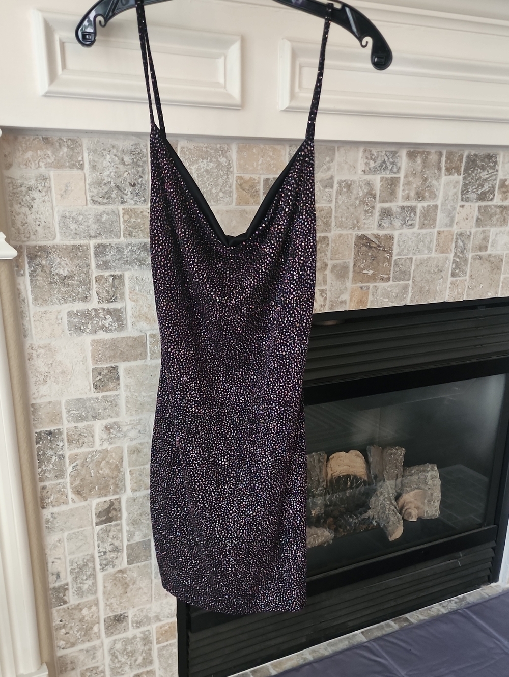 PrettyLittleThing Black Mini Dress with Iridescent Purple Sparkle